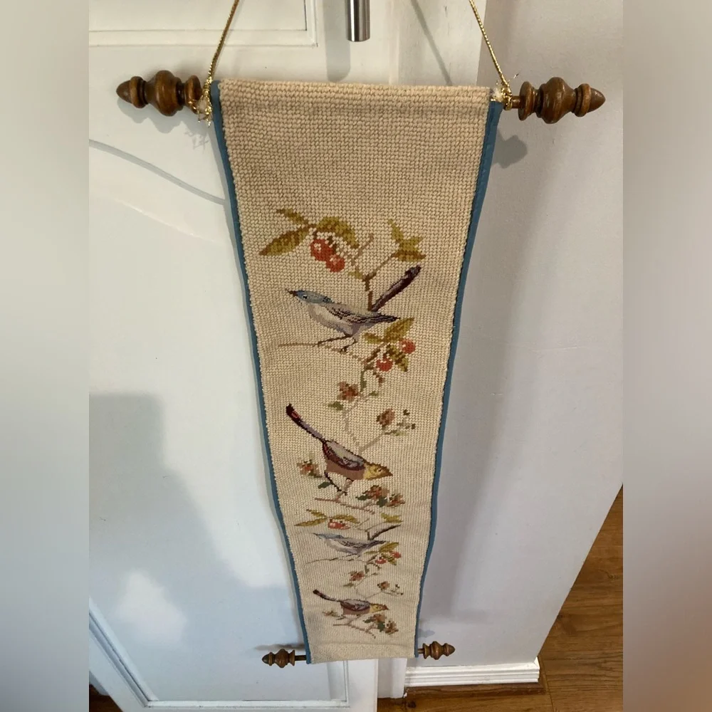 Vintage 29.5”x6” Handmade Needlepoint Bell Pull Birds & Flowers hanging Sign